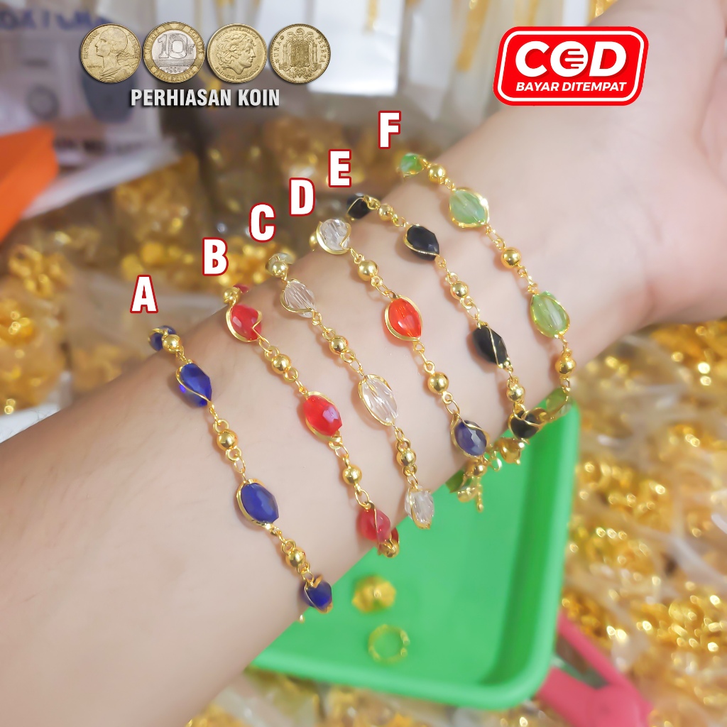 Gelang Wanita Rantai Batu Kaca Warna Warni Klasik 24k