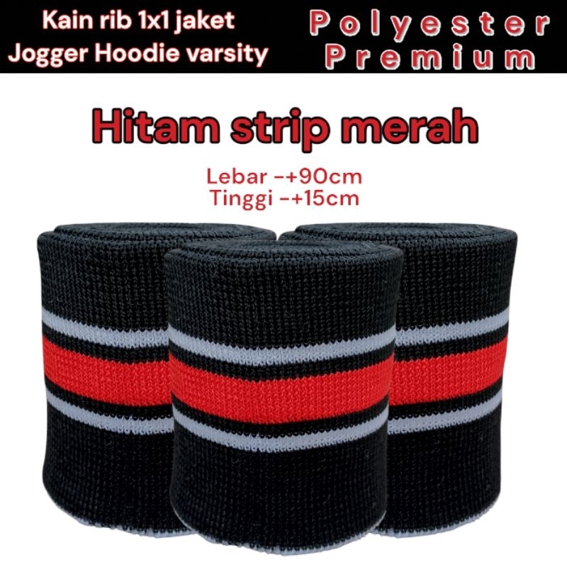 Kain rib/bur warna hitam garis merah rib Polyester premium