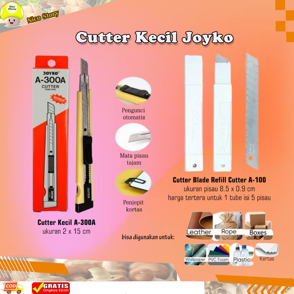 

(NCS) Cutter Kecil Joyko A 300A Auto Lock Pisau kater Pemotong Kertas Cutting Kain Bahan Plastik Super Tajam Refill Isi Cuter Blade 1Tube Set 5Pcs