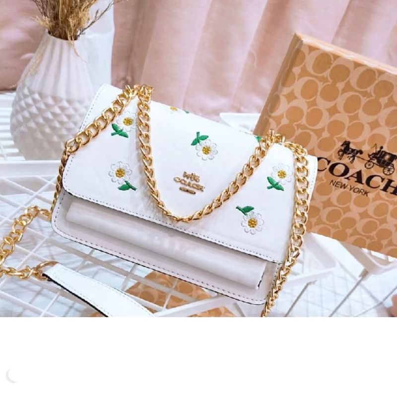 KODE A | COACH |  Women's KLARE Flap Chain Bag Embroidery Flower Pattern Organ Bag Tas Selempan...