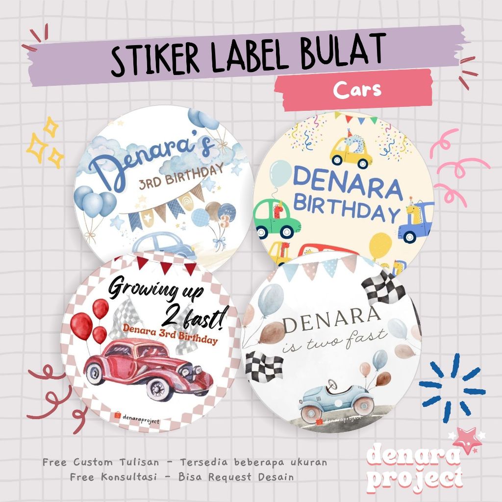 

(50 PCS) Stiker Bulat Custom Bento Hampers Ulang tahun Cars Transportation