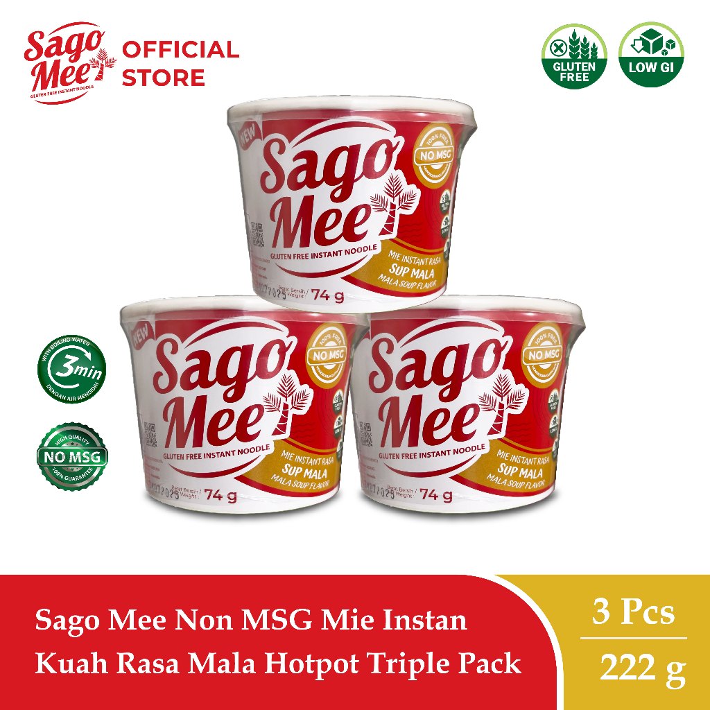 

Sago Mee Gluten Free Mie Instan No MSG Cup Kuah Rasa Mala Soup 74g Triple Pack
