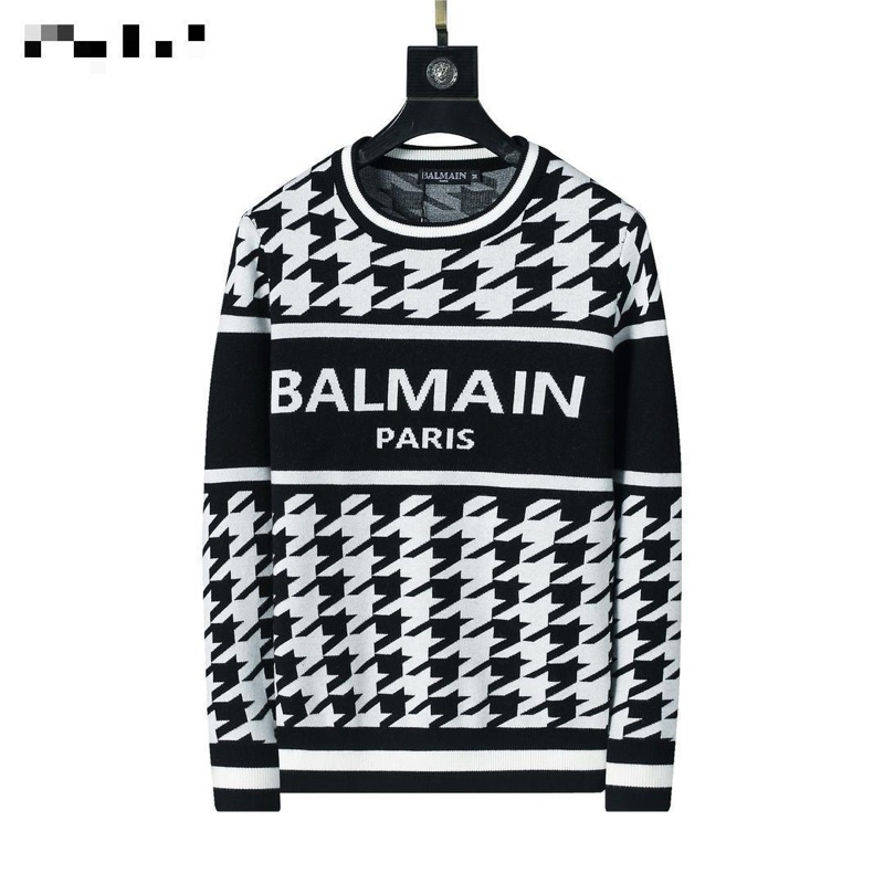 Sweter Pria BALMAIN PARIS Baru Musim Gugur dan Musim Dingin 2024 Sweter Hangat Houndstooth Sweter Ra