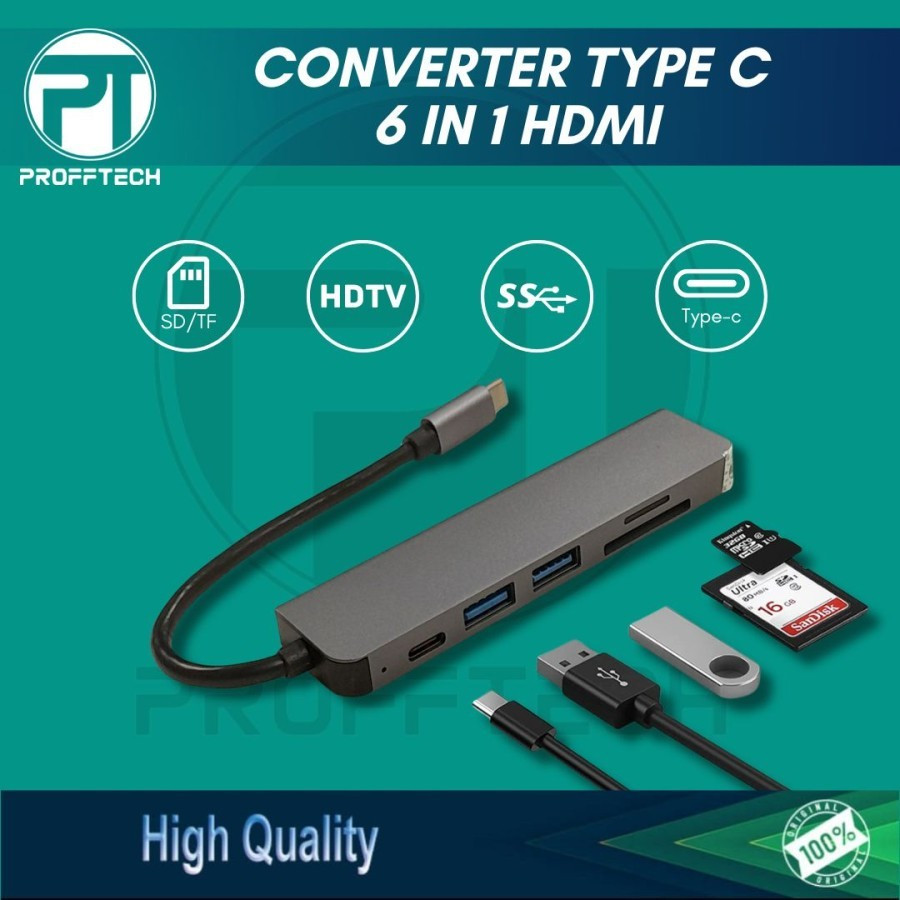 Converter Type C 6 in 1 ( HDMI/ USB 3.0-2x/ Type C/ MicroSD/ SD card )
