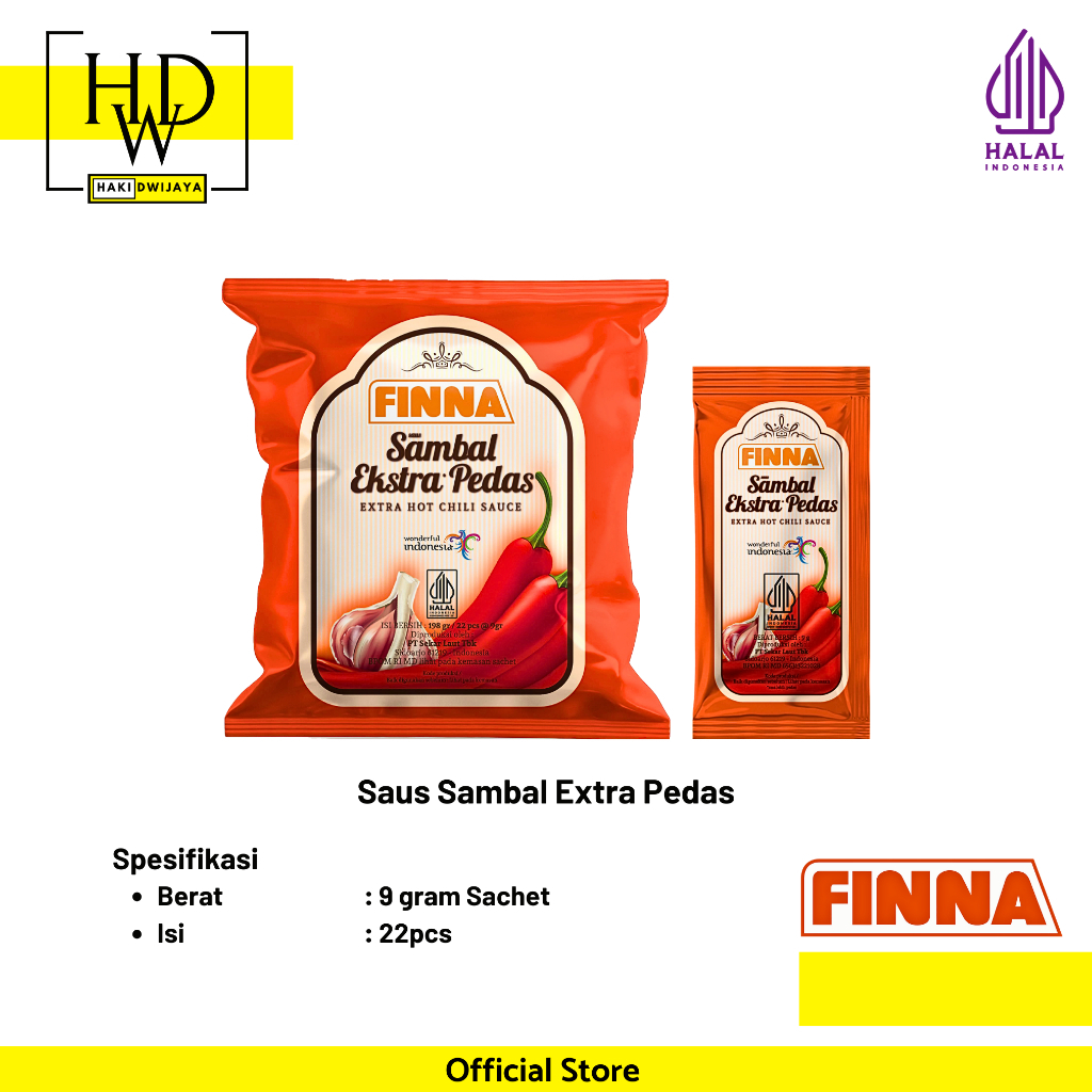 

FINNA (Sachet Kecil 22pcs) Saus Sambal Extra Pedas Sachet (perbungkus isi 22 bks , 9gram per sachet