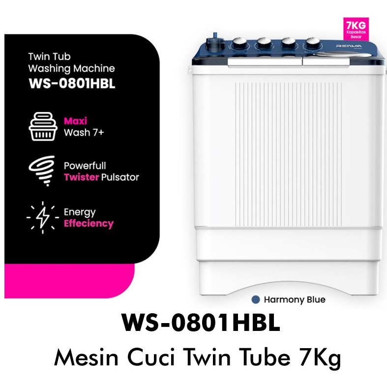 REIWA MESIN CUCI 2 TABUNG 7KG REIWA WS-0801HBL MESIN CUCI REIWA 7KG TWIN TUB REIWA 7KG