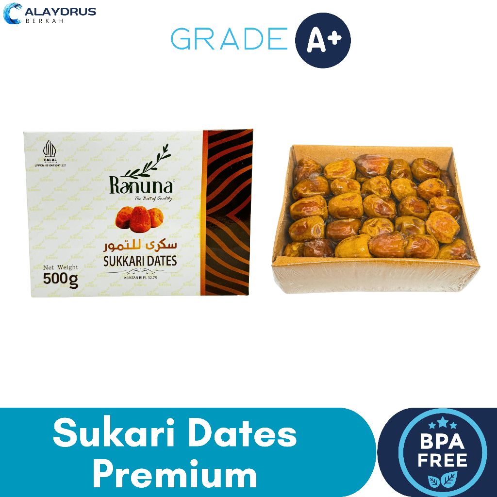 

Kurma Sukari 500 Gram Ranuna Grade A Premium | Kurma Sukkari Raja Lembut Oleh Oleh Haji dan Umroh