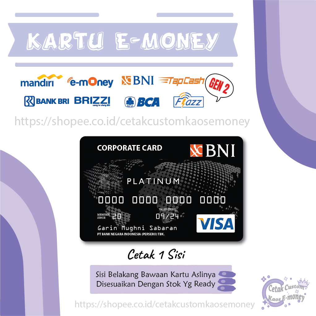 KARTU E MONEY E TOLL KARTU BNI PLATINUM VISA BLACK PETA CARD EMONEY MANDIRI BCA BNI BRI - 1 SISI