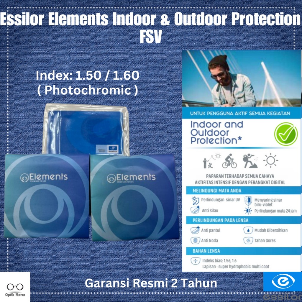 Lensa Kacamata Bluechromic Essilor Elements Indoor & Outdoor Protection FSV UV 420 ( plus, minus, cy