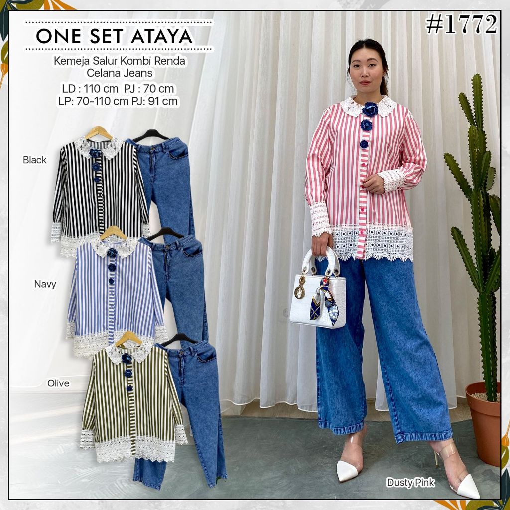 One Set Kemeja + Celana Levis Kemeja Wanita Kemeja Salur Celana Levis Kemeja Renda One Set Wanita Ke
