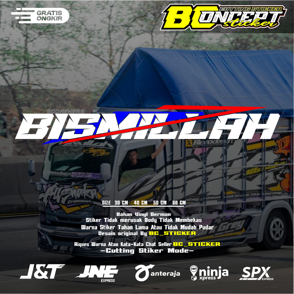 Stiker truk kata-kata tulisan latin bismillah cutting Stiker variasi kaca depan truk pickup mobil bo