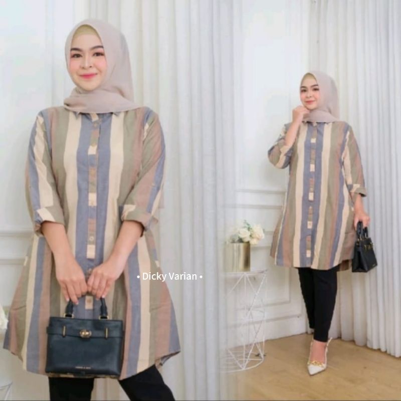 Tunik Katun Salur Panjang Wanita Kemeja Tunik