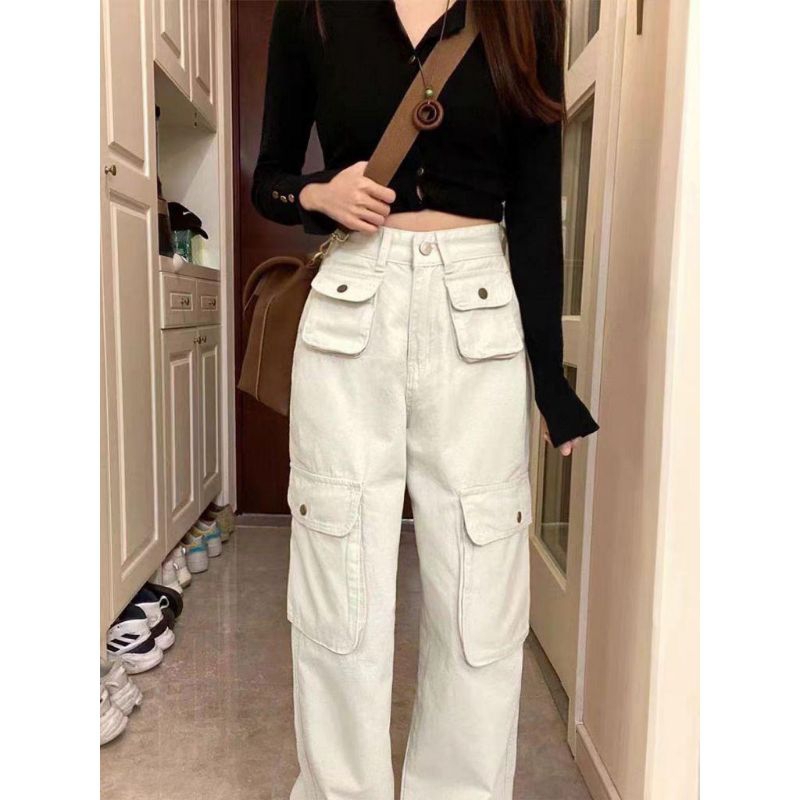 CARGO JEANS WANITA-CARGO DENIM PASIR PUTIH-CARGO JEANS WANITA HAIGHWAIST