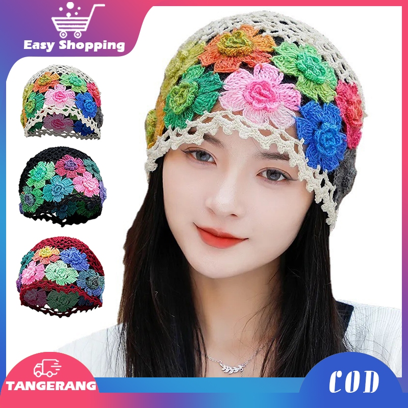 Topi Rajut Wanita Korea Kupluk Rajut Wanita Topi Rajut Handmade Topi Rajutan Flower Woolen Hat