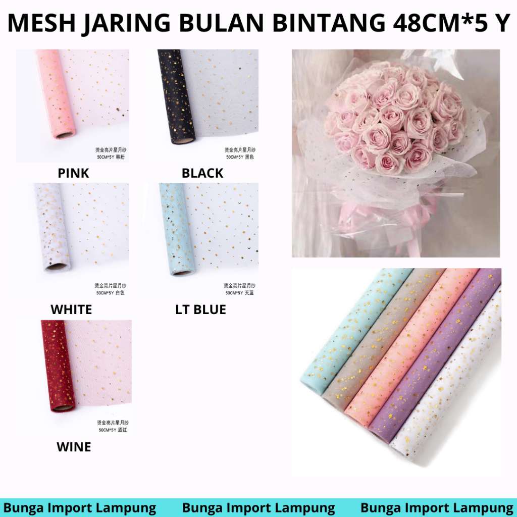 

(ROLL) Mesh /Jaring Buket Motif Bulan Bintang 48 cm x 5 yard