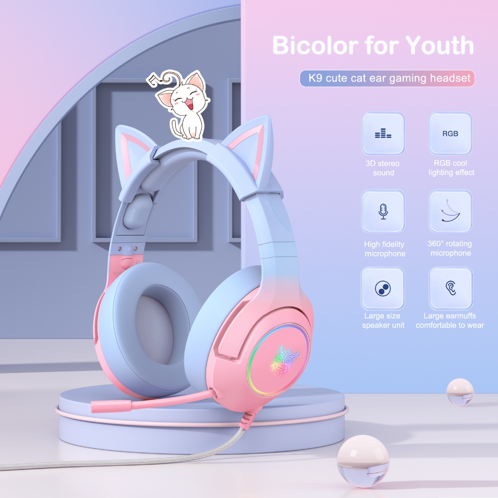 ONIKUMA K9 Kucing Telinga Headphone Headset Gaming Kabel dengan Mikrofon Gadis Lucu Biru Pink Gradie