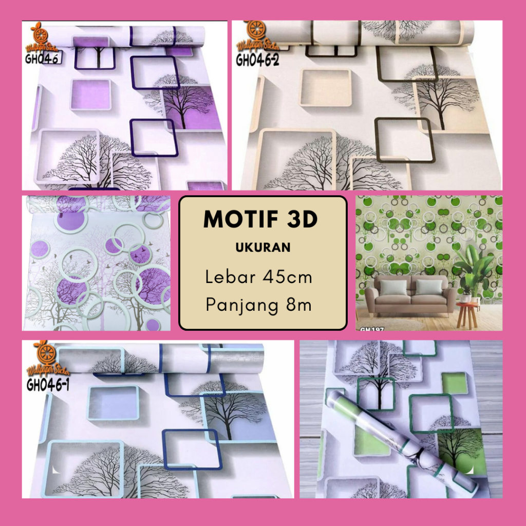 WALLPAPER STICKER DINDING 3 dimensi motif POHON 3D kotak ukuran 45 cm x 8