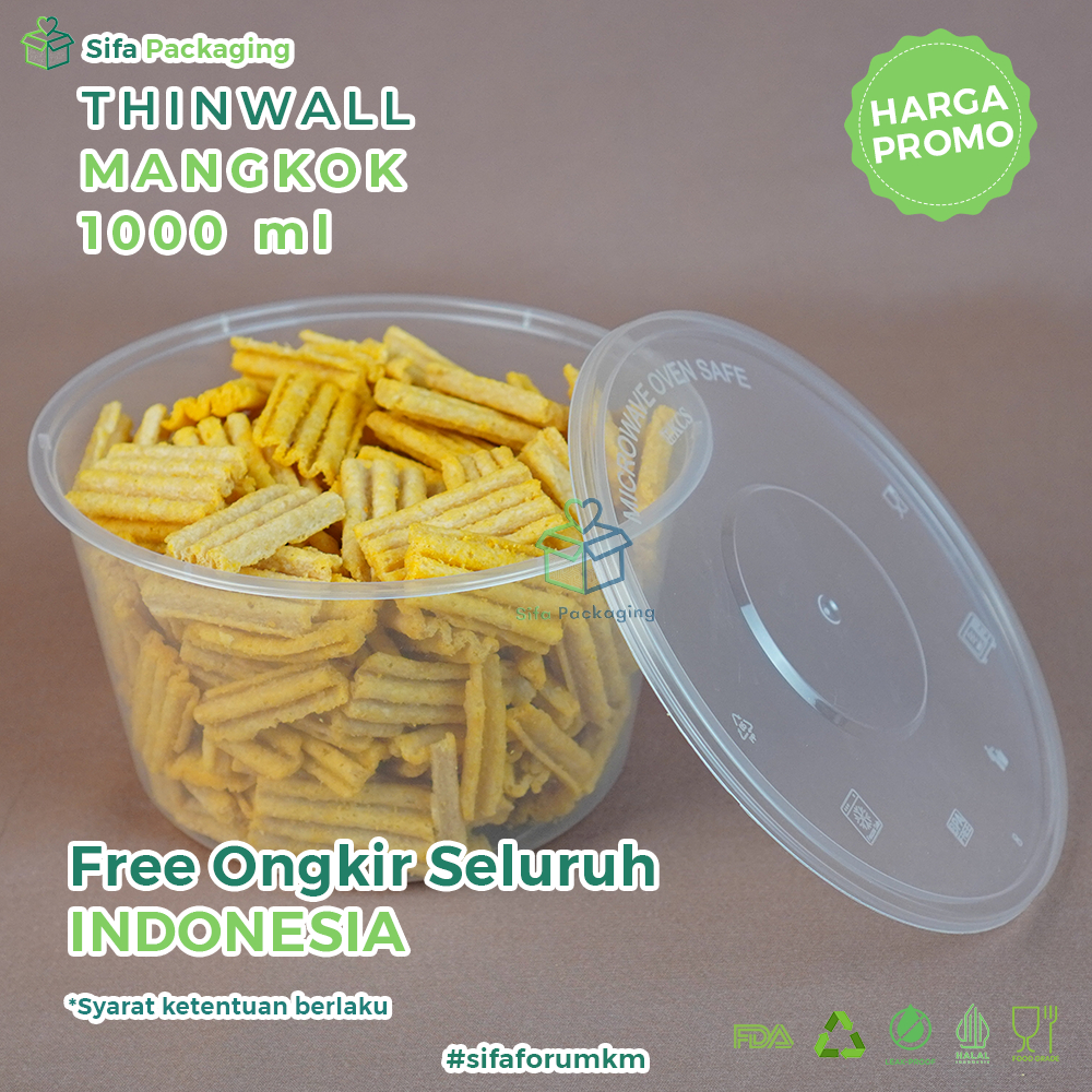 Thinwall Mangkok Bulat Datar Round + Tutup 1000ml tempat Makanan Wadah Plastik Baso Mie Bubur