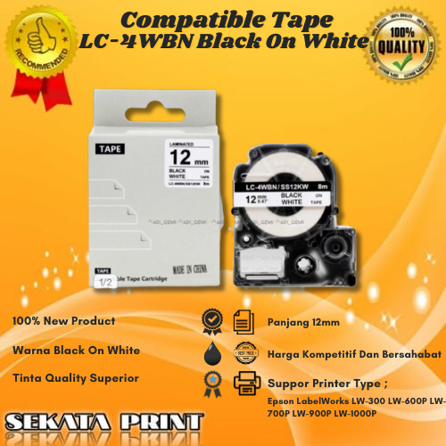 

COMPATIBLE LABEL TAPE CARTRIDGE EPSON LC 4WBN/SS12KW BLACK ON WHITE 12MM X 8M