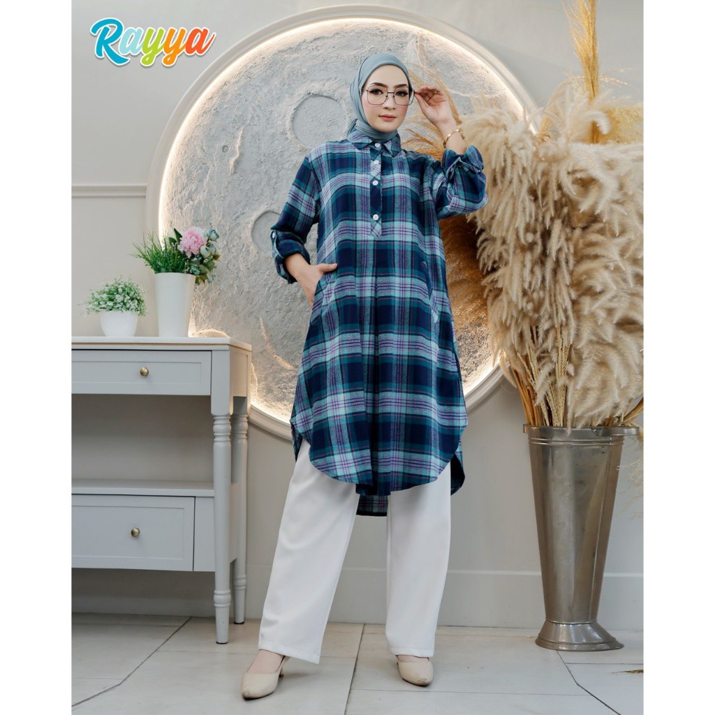 Midi Flanel Model D Long Tunik buat Atasan Muslim Wanita Dewasa dan Remaja Motif Kotak-kotak