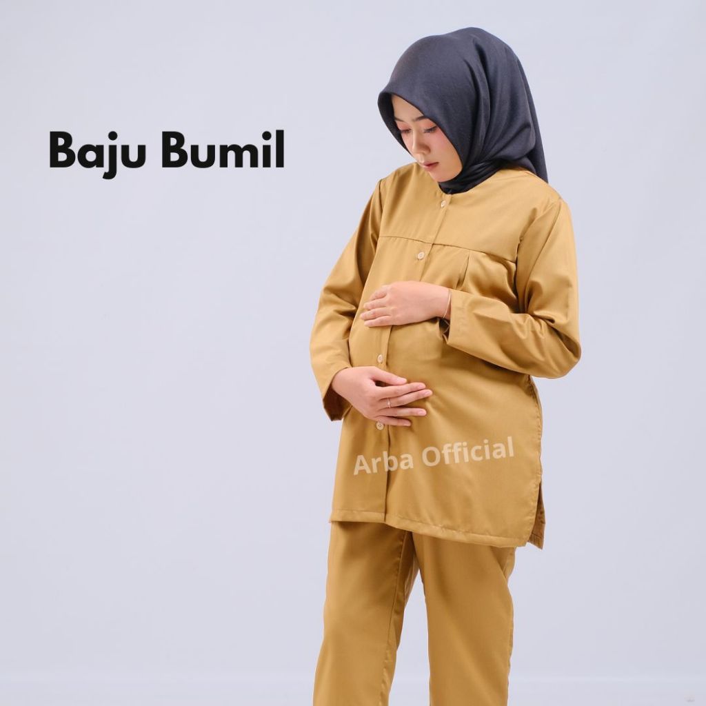 Baju Ok bumil maternity scrub ibu hamil perawat nakes full kancing lengan panjang polos one set