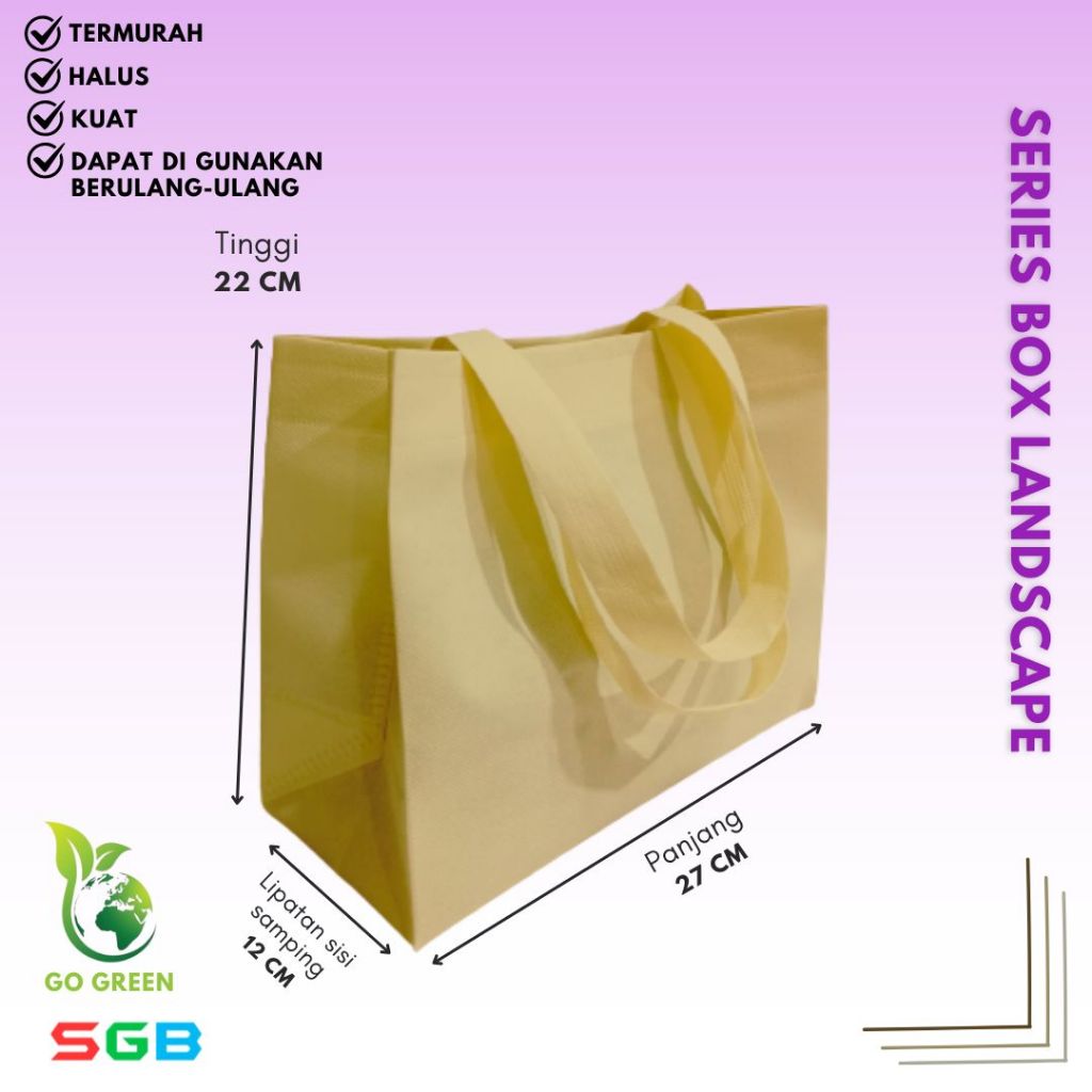 

Tas Spunbond Handle Box Model Landscape uk 27x22x12 harga PER LUSIN / Goodie Bag / Tas kain POLOS