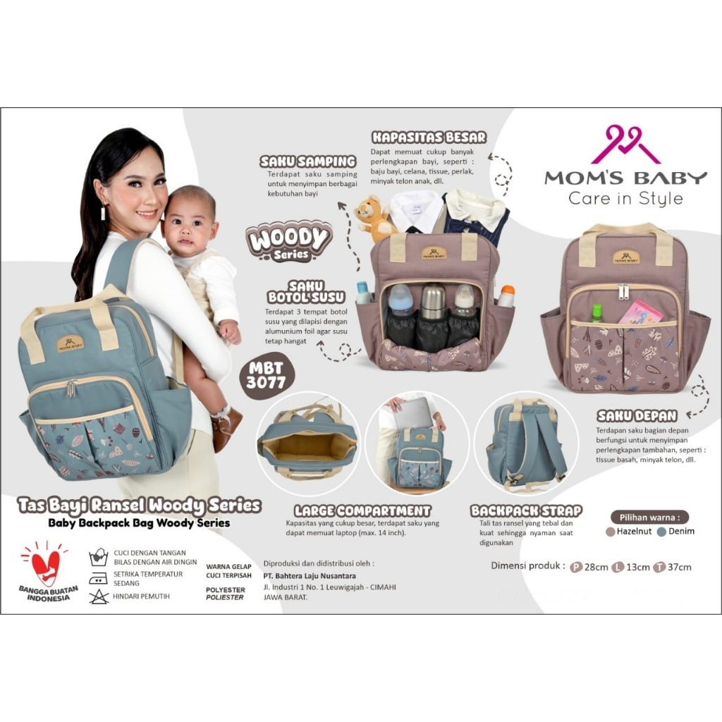 WER Mom's Baby Tas Bayi Ransel Woody MBT 3077 / Mom's Baby Tas Ransel Bayi Besar Model Anello PANNA