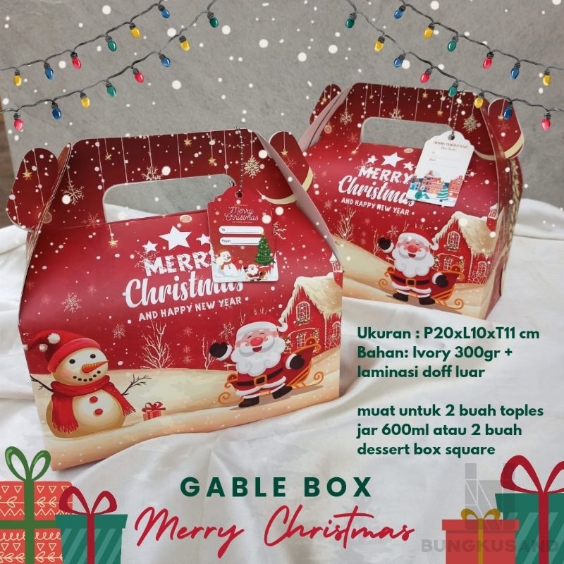 

GABLE BOX NATAL/ KOTAK HAMPERS NATAL MERRY CHRISTMAS/ TAS BINGKISAN NATAL / PAPERBAG BINGKISAN DUS PARCEL HARI RAYA KEMASAN KUE KERING