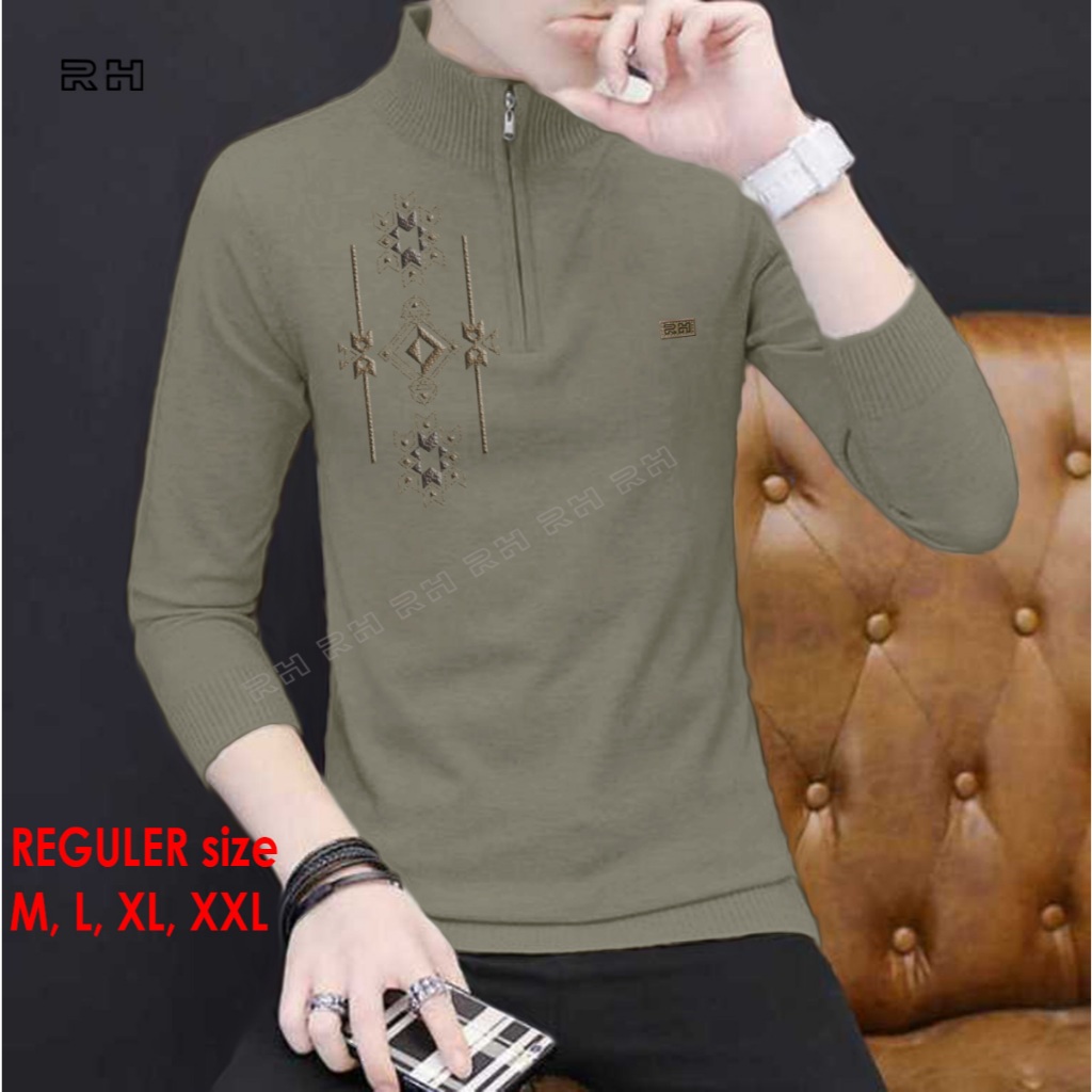 Baju rajut koko pria warna coksu kerah resleting zipper zipko RH motif bordiran Geometris modern leh