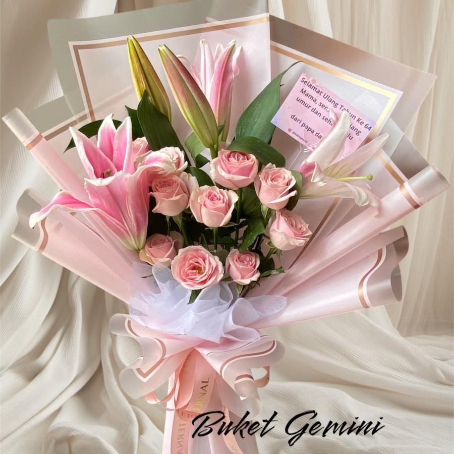 Buket Bunga Mawar Pink Mix Bunga Lily, Buket Bunga Segar, Fresh Flowers Bouquet, Buket Bunga Asli, B