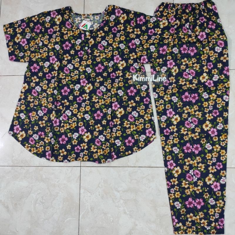 Setelan Baju Tidur Katun Merlin Tangan Pendek Celana Panjang CP Dewasa Motif Bunga Cantik