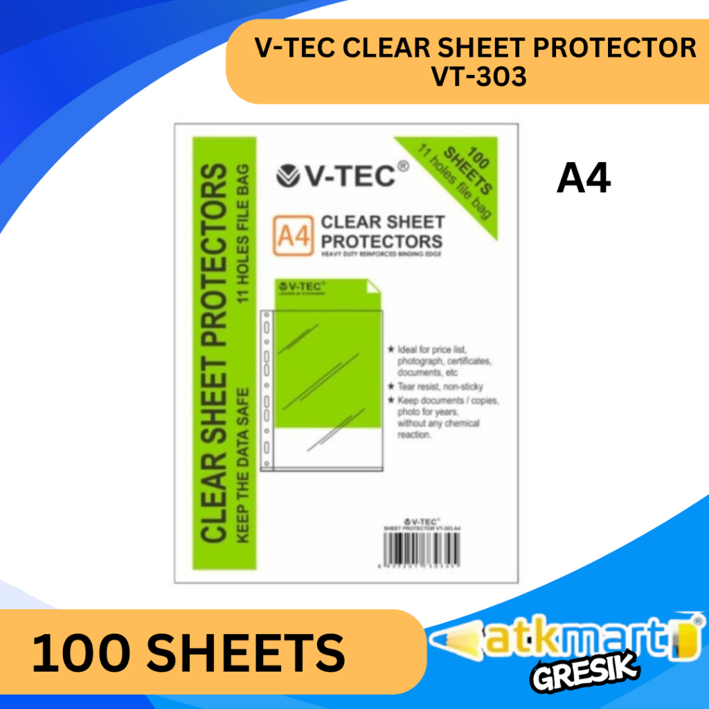 

V TEC CLEAR SHEET PROTECTOR PLASTIK PELINDUNG DOKUMEN PLASTIK BINDER 11 LUBANG VT-303 A4 100 LEMBAR