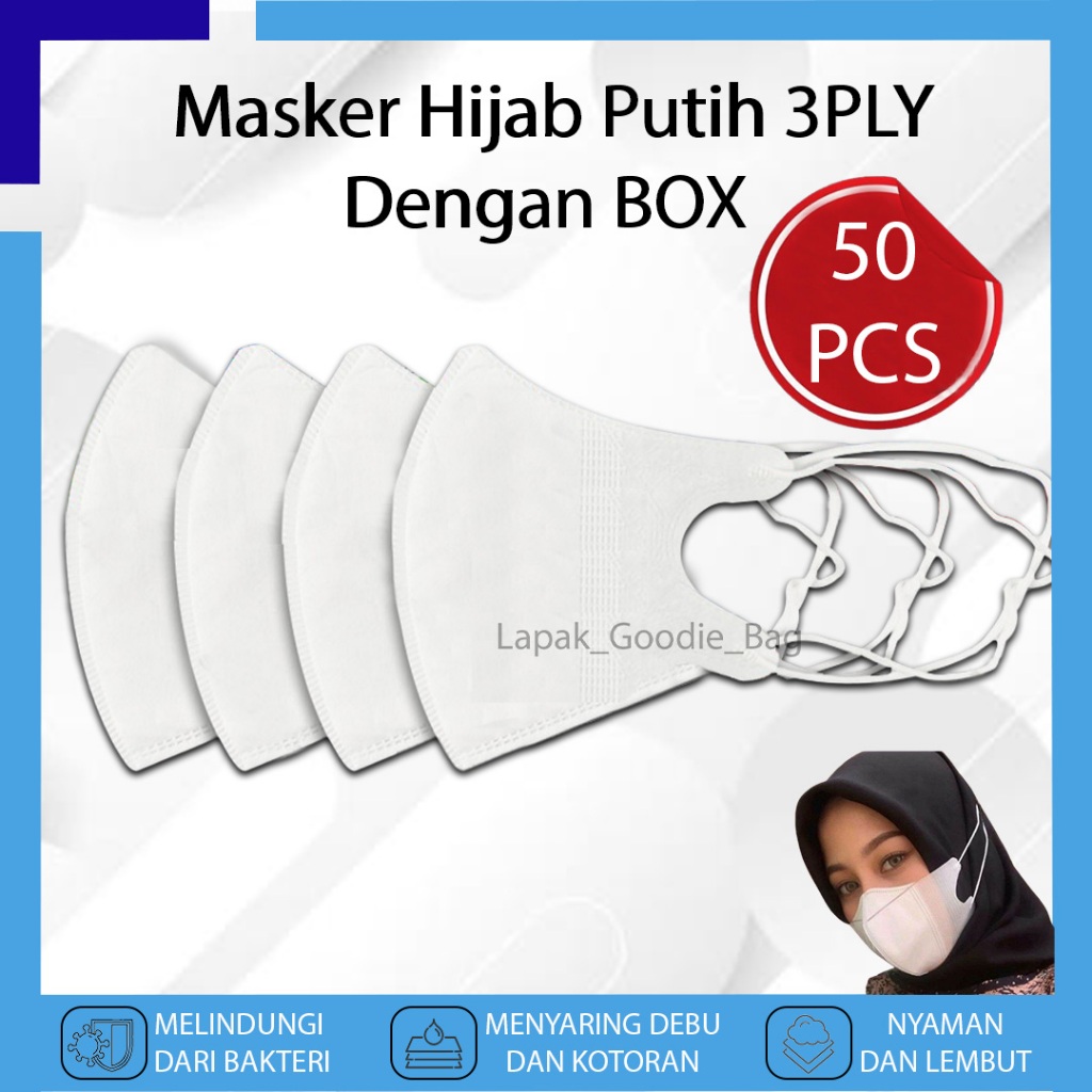 Masker Duckbill 50 PCS HIJAB Warna Putih WHITE 3 PLY Premium Face Mask Original Masker Medis Duckbil