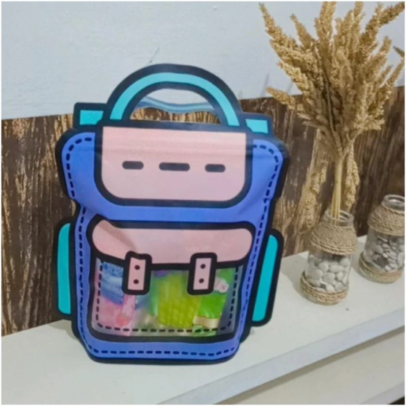 

Souvenir bingkisan ziplock standing pouch ransel / souvenir ulang tahun kemasan plastik ransel / bingkisan anak / hadiah lomba / souvenir anak