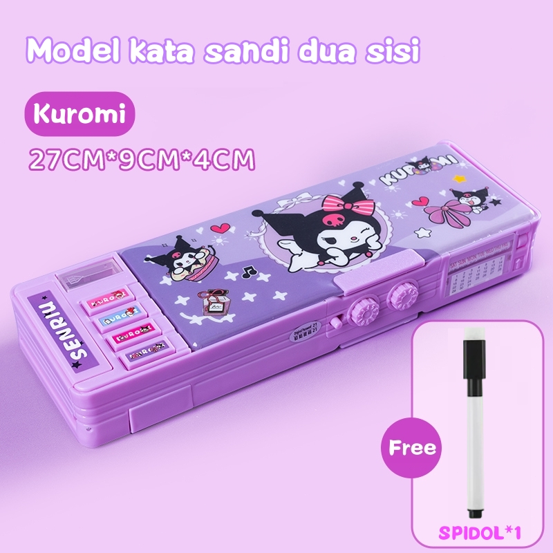 

（In Stock) Gaya Baru Kuromi Kotak Alat Tulis Multifungsi Kunci Kode Perempuan Pensil Sanrio Dua Sisi Bernilai Tinggi Kapasitas Besar