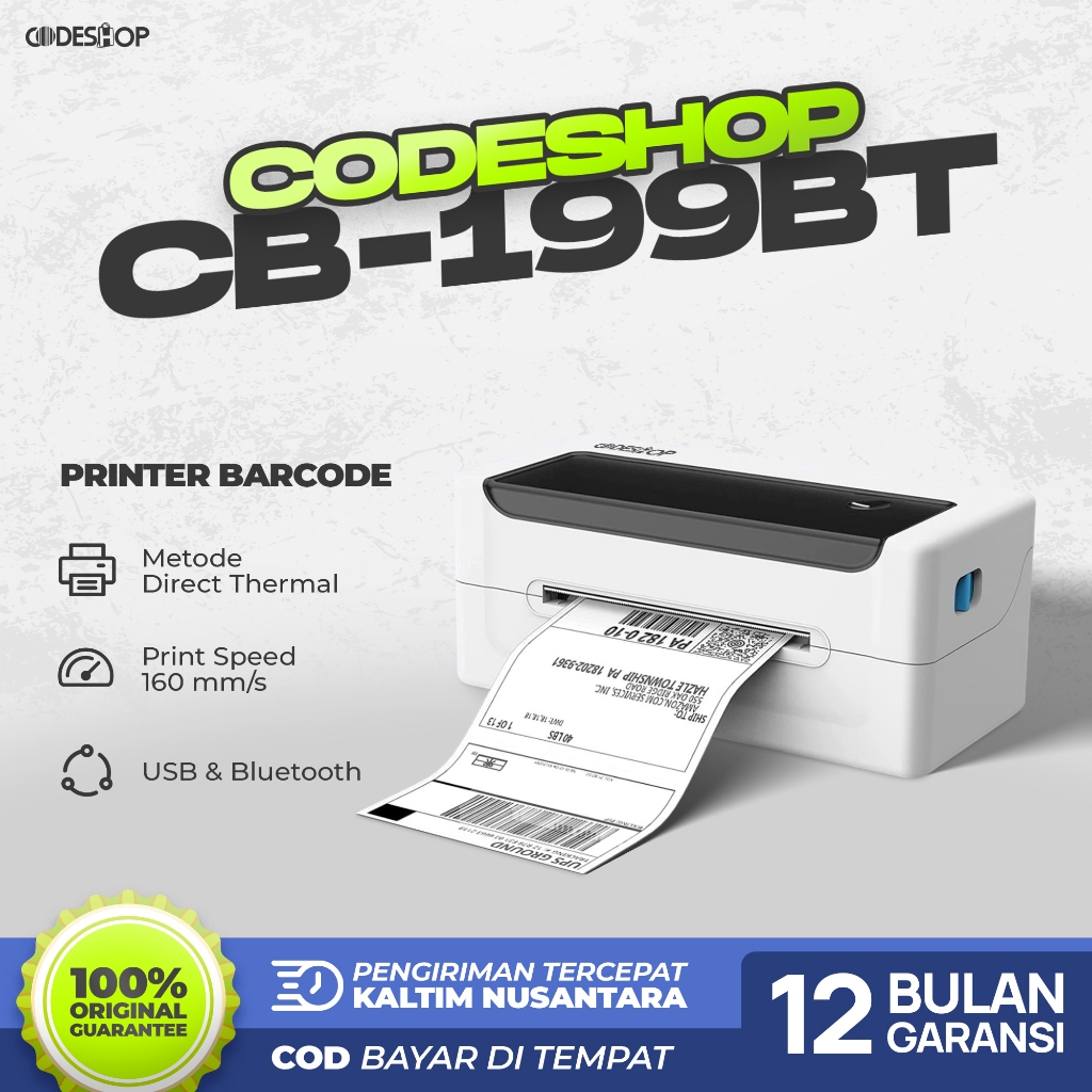 Printer Thermal Codeshop CB-199BT USB+Bluetooth Cetak Stiker Label Termal Resi A6 Barcode Barang