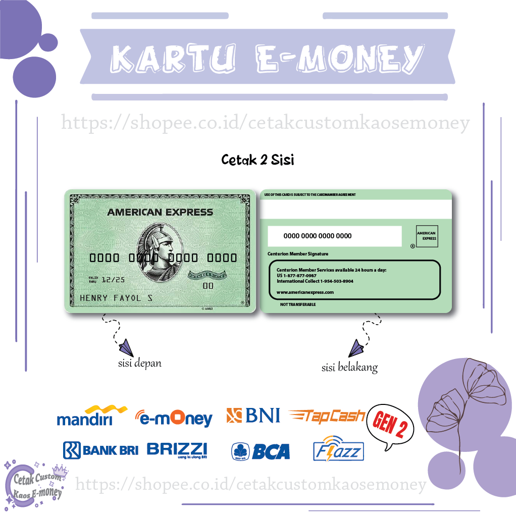 KARTU E MONEY E TOLL CARD AMERICAN EXPRESS GREEN CARD EMONEY MANDIRI BNI BRI BCA - 2 SISI
