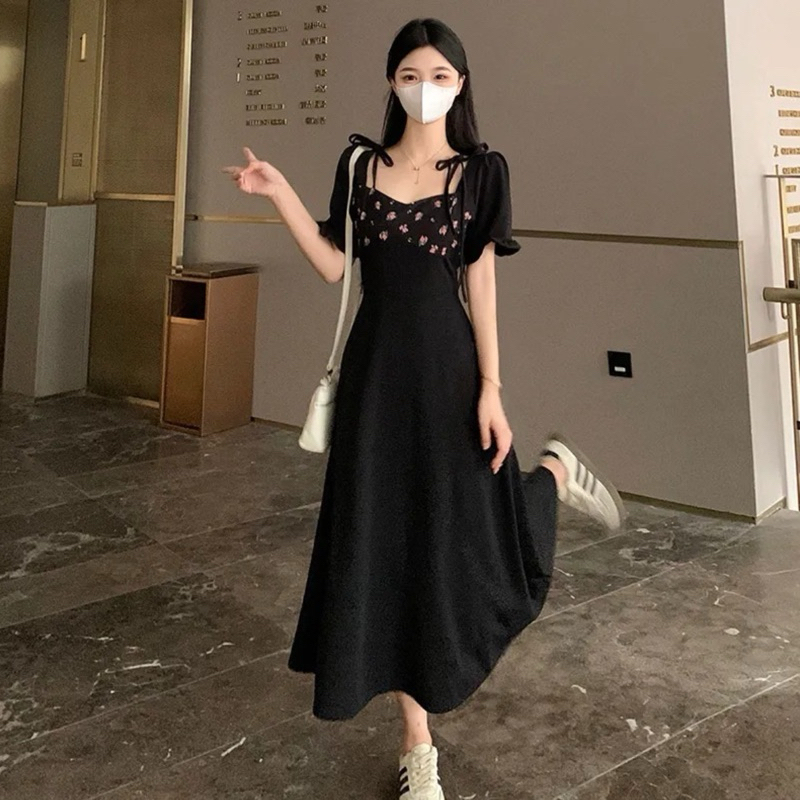 REAL PICT, GAUN MIDI DRESS DOUYIN KOREAN, LENGAN PENDEK, KERAH PERSEGI, PREMIUM IMPORT, MIDI DRESS