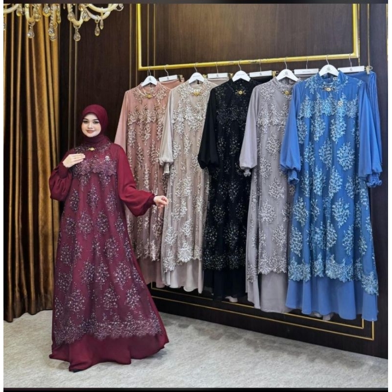SHELLASAUKIA GAMIS SET HIJAB BROKAT MEWAH