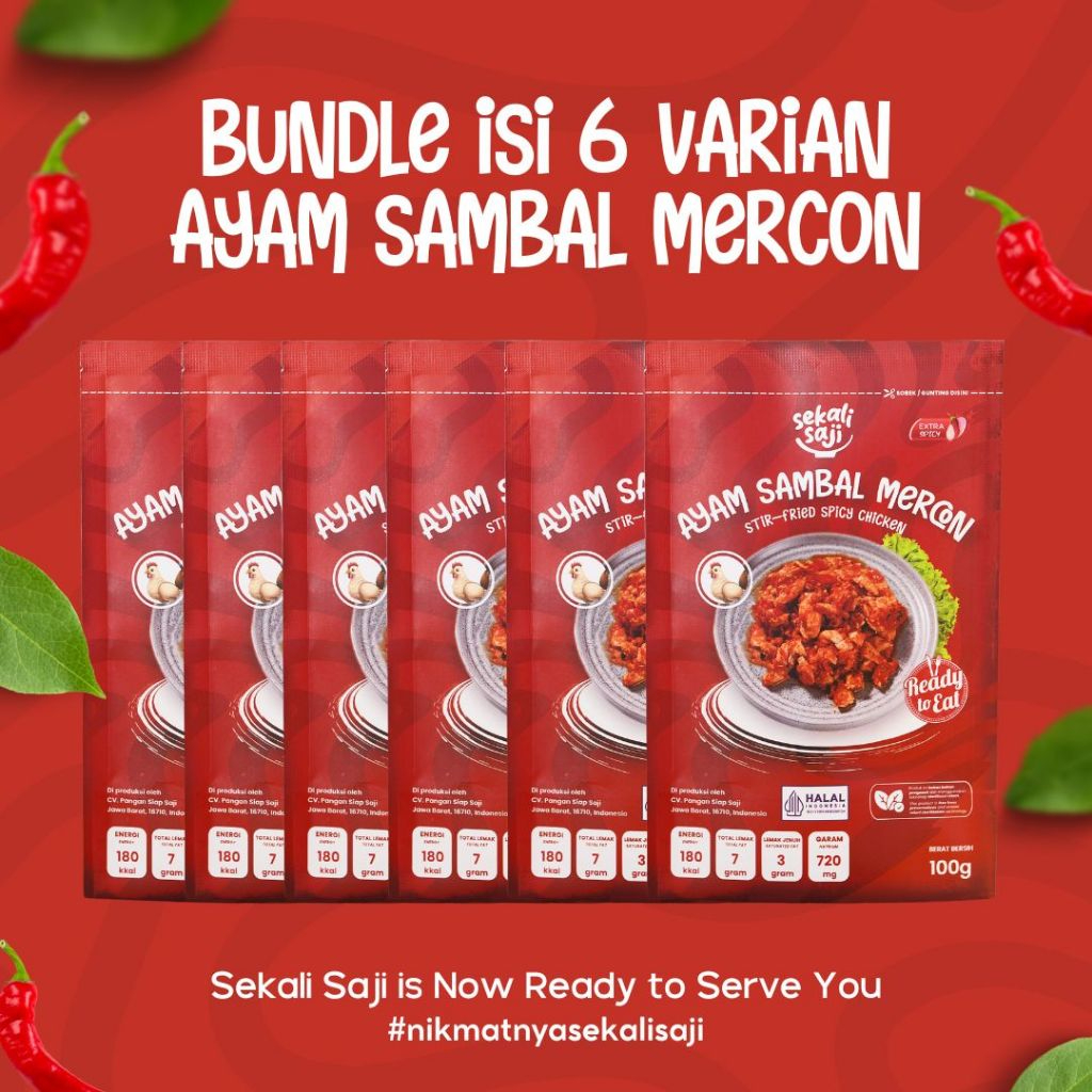 

SEKALI SAJI - Bundling 6 Ayam Sambal Mercon Lauk Instant 100gr Makanan Siap Saji Lauk Mateng Halal