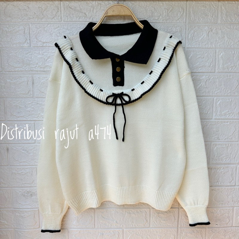 POLO FATIN BLOUSE KNITS BAJU ATASAN SWEATER RAJUT WANITA MOTIF KANCING TALI RENDA DEPAN KOREAAN STAY