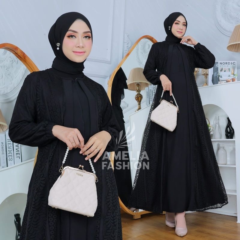 Gamis Azahra Brokat by Amelia mix outer brukat wear syari ootd outfit FASHION sabiyan