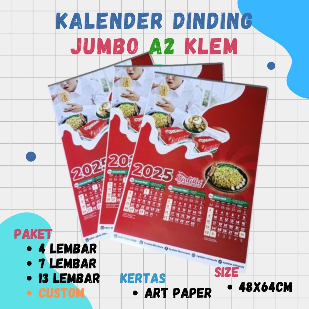 

Cetak Kalender 2025 Custom Ukuran A2 48x64 Jumbo Jepit Klem 4 7 13 Lembar Art Paper 150 gsm Full Colour