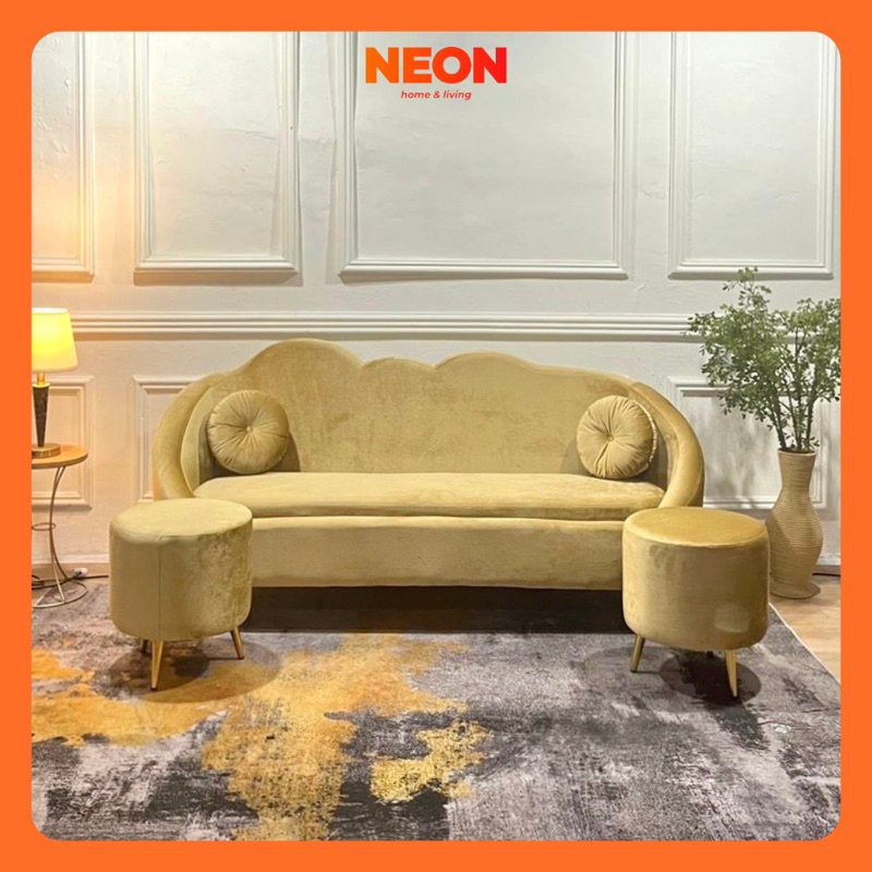 NEON Sofa Mega | Set Sofa 3 Seater dan 2 Stool | Sofa Ruang Tamu Kain Bludru Minimalis