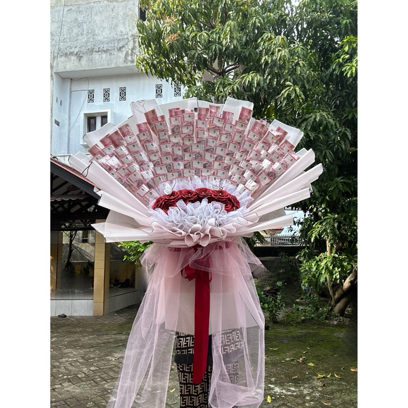 Money Bouquet/Buket Uang kosong 100 lembar dan bunga pita satin glitter mutiara
