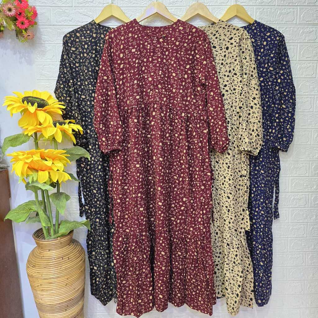 Midi Dress Rayon Twill Motif Bunga#4