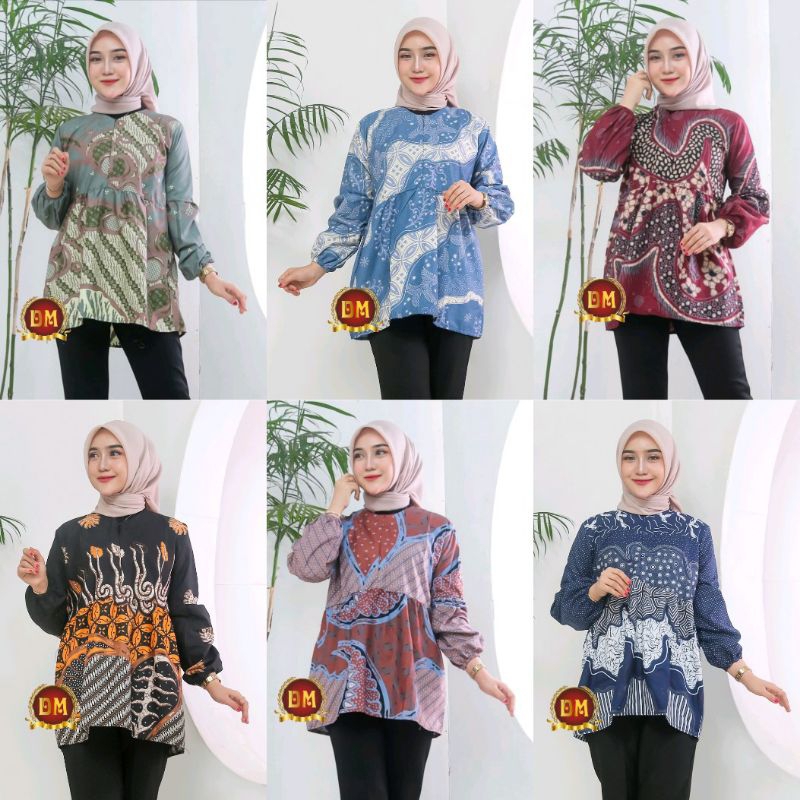 ATASAN BATIK WANITA BLOUSE BATIK LENGAN BALON UKURAN M L XL XXL