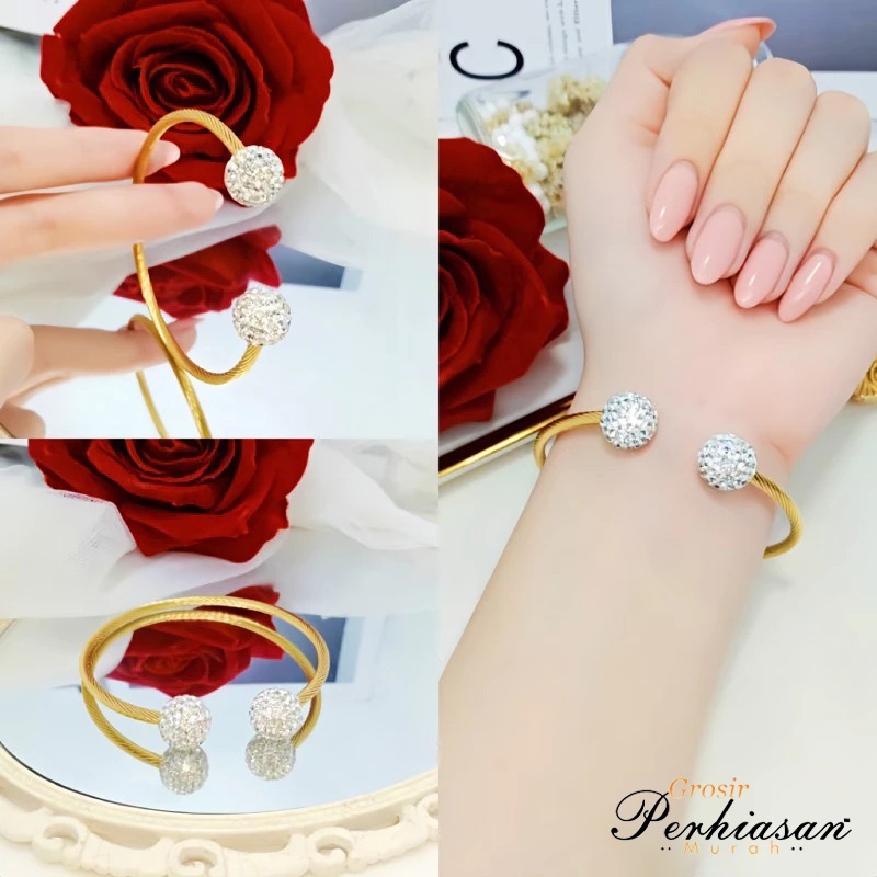Gelang Bangle Titanium Wanita Motif 2 Bola Tinju Lapis Emas