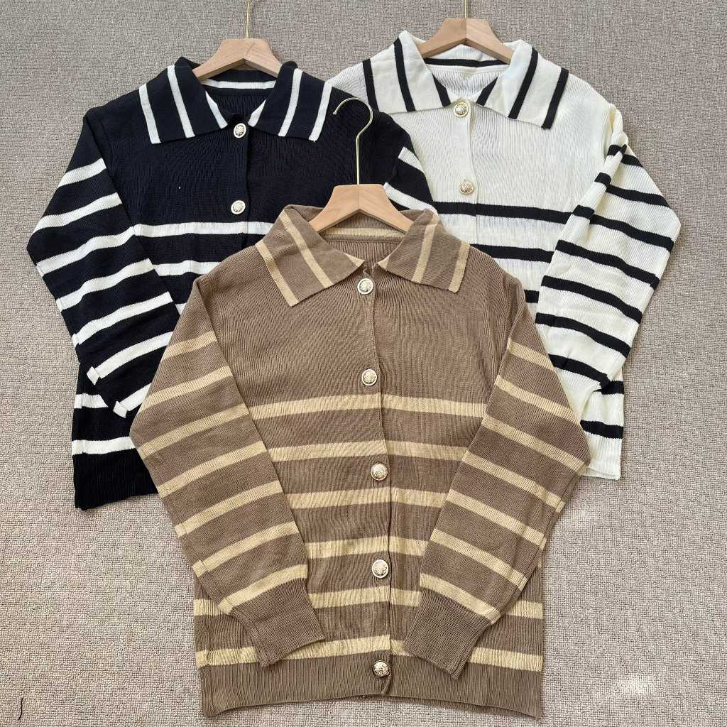 Lavina Cardy Knit Rajut Berkerah Salur Stripe - Cardigan Rajut Stripe Cardigan korean style