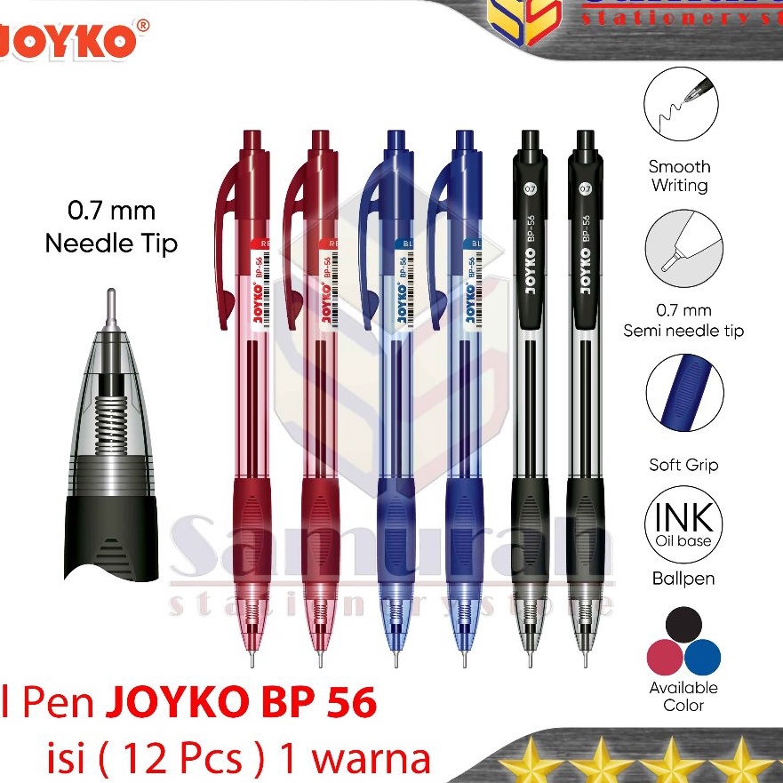 

FG2 Pulpen Joyko Cetek BP 56 Ball Pen BP56 7 mm Ballpen Click Hitam Biru Merah isi 12 Cetik